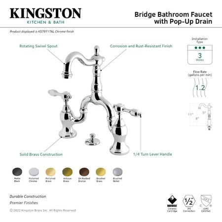 Kingston Brass Bridge Bathroom Faucet with Brass PopUp, Matte Black KS7970TAL